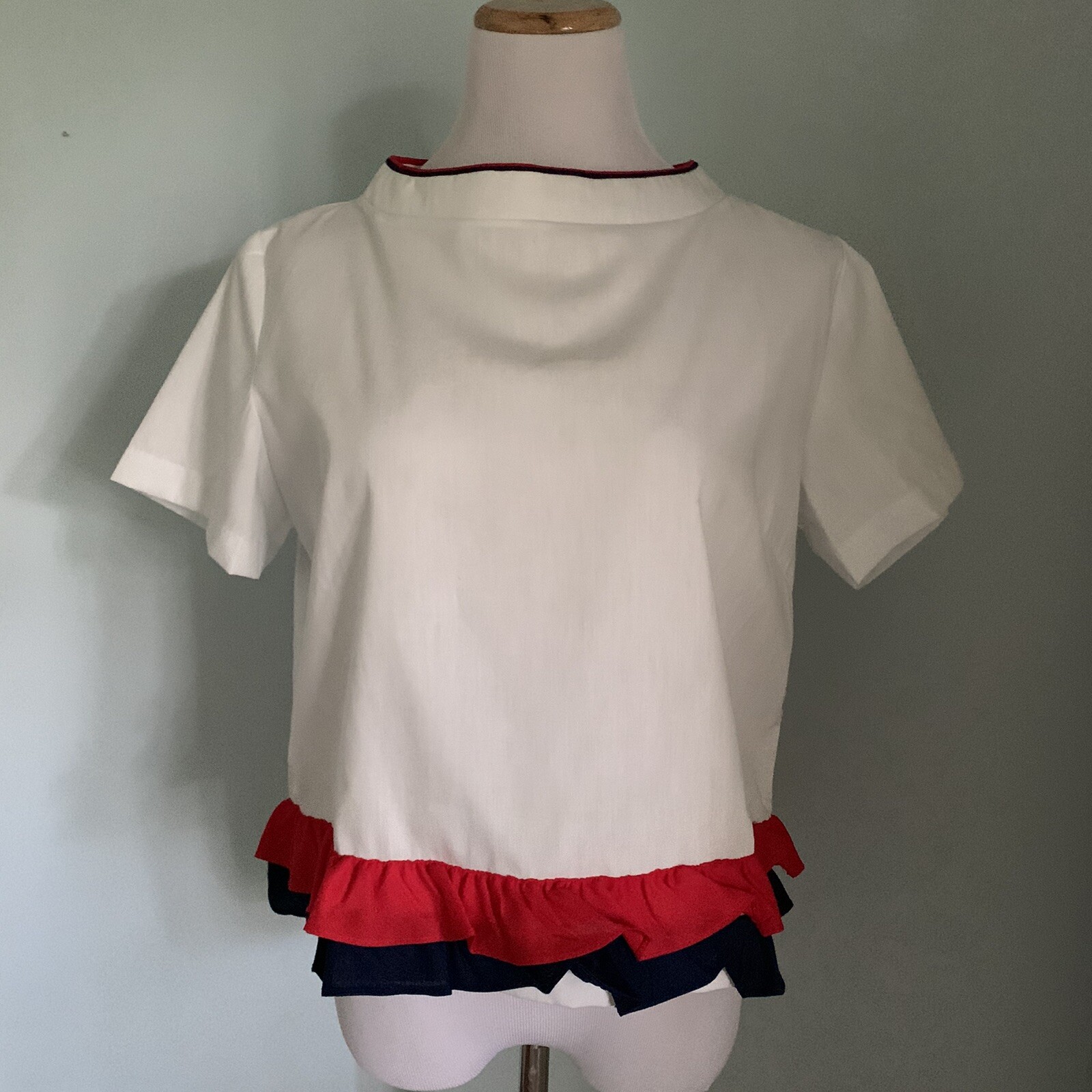 Vintage 50s 60s White Cotton Blouse Button Back Cropped Red White Ruffles Sz 38