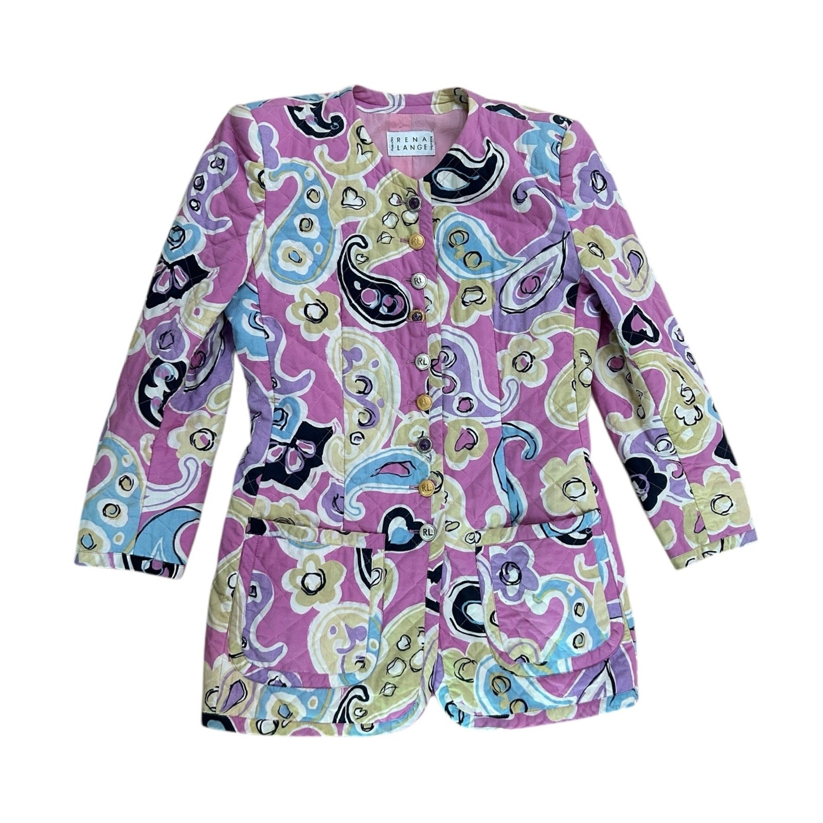 Vintage Rena Lange Pink Quilted Paisley Print Jacket Italy Blazer S/M ^