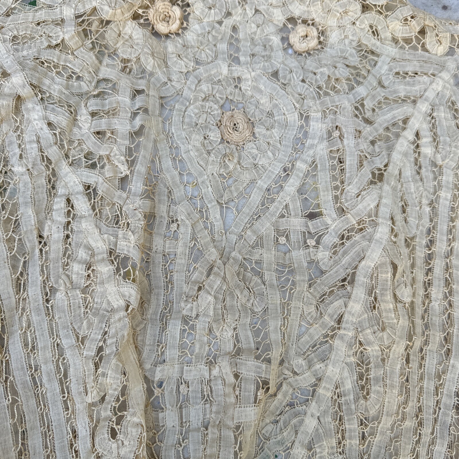 Antique Edwardian Ecru Handmade Tape Lace Leaves Dress Blouse Top Bodice Vintage