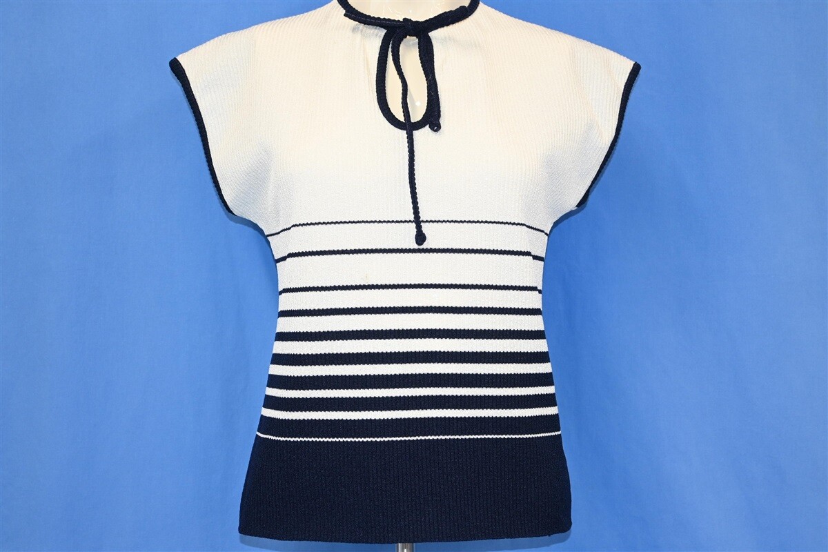 vintage 70s STAGE 7 BLUE WHITE STRIPE RIB KNIT POLY SLEEVELSS SHIRT WOMEN’S M