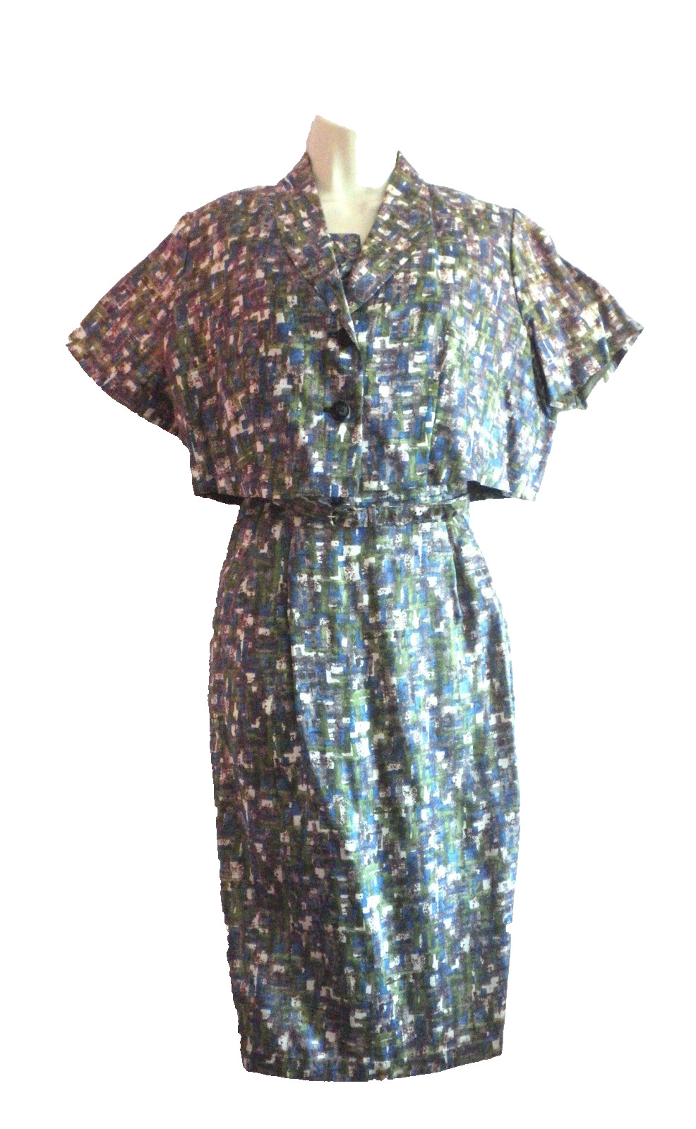 Vintage 50s Sleeveless Rayon Dress & Crop Jacket Abstract Blue Green Gray S/M