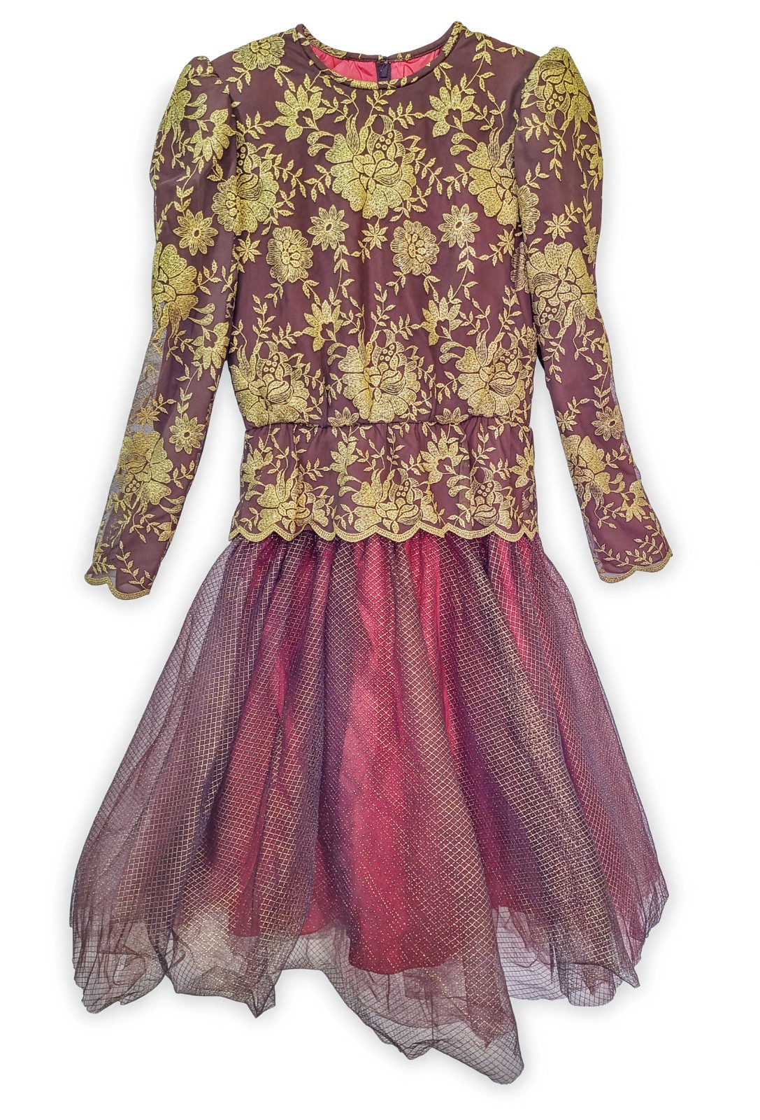 William Pearson Gold Floral Embroidered Tulle Midi Dress Sz 8 VTG 80s Couture
