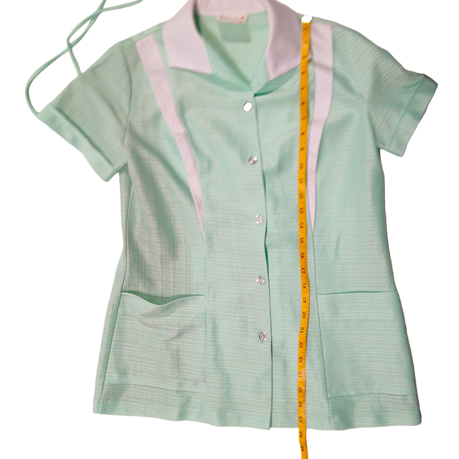 Vintage 1970s Nurse Uniform Top Womens Medium Mint Green White Medical Smock