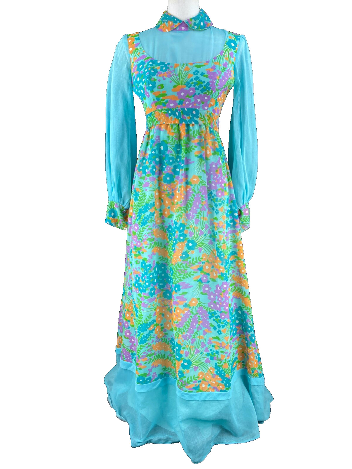 Vtg 60s MOD Maxi Dress XS/S Chiffon Flower Power Psychedelic Hippie Gown Floral
