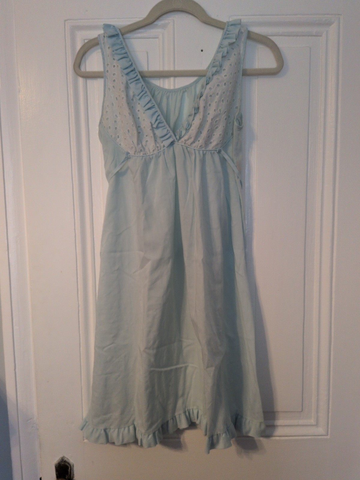 Vintage Miss Elaine Pale Blue Cotton White Eyelet Short Nightgown and Robe Set S