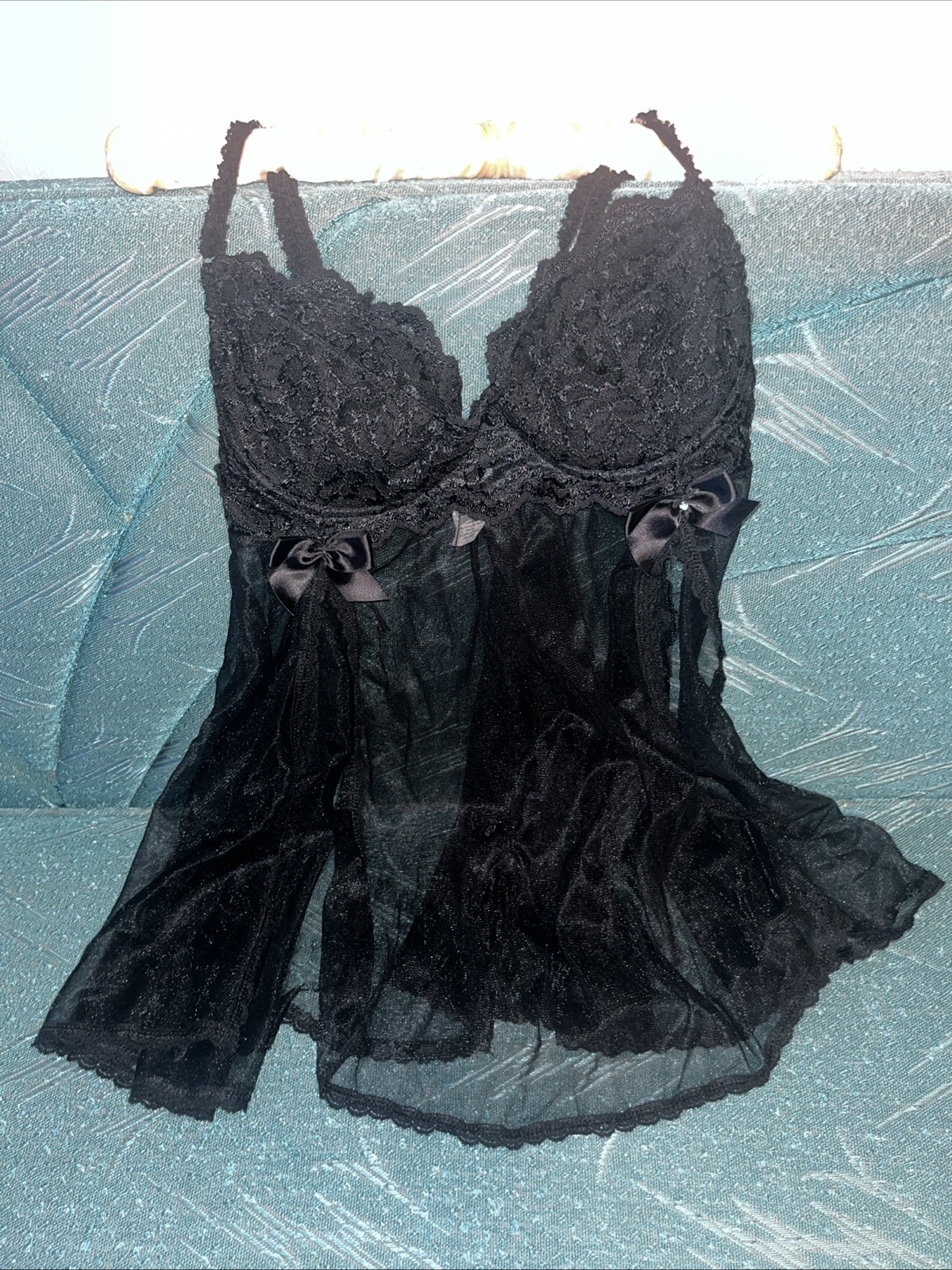 Vtg Shirley of Hollywood Chiffon Teddy Large Black Lace Chemise Sheer Satin Bow