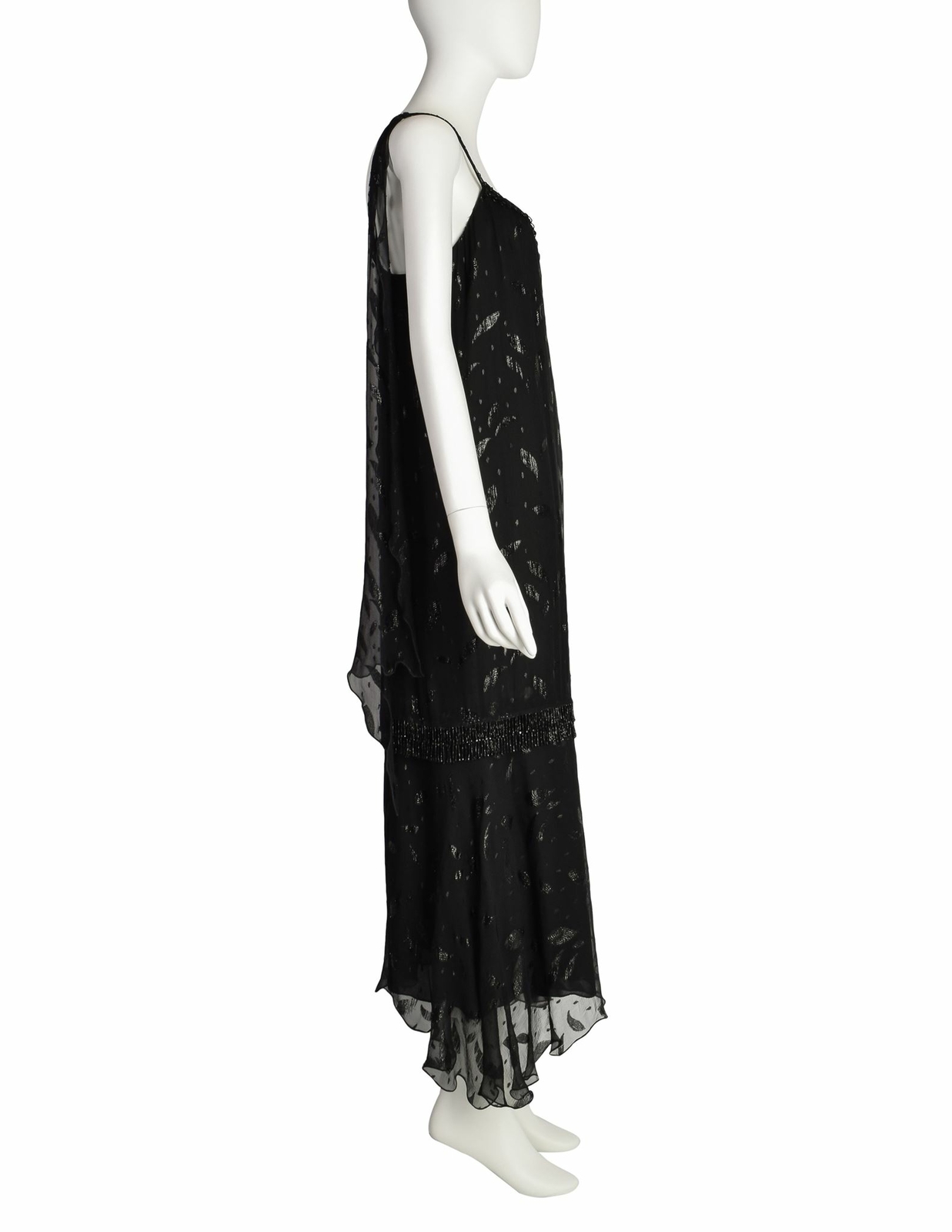 Holly’s Harp Vintage 1980s Black Silk Chiffon Metallic Leaf Jacquard Beaded Frin