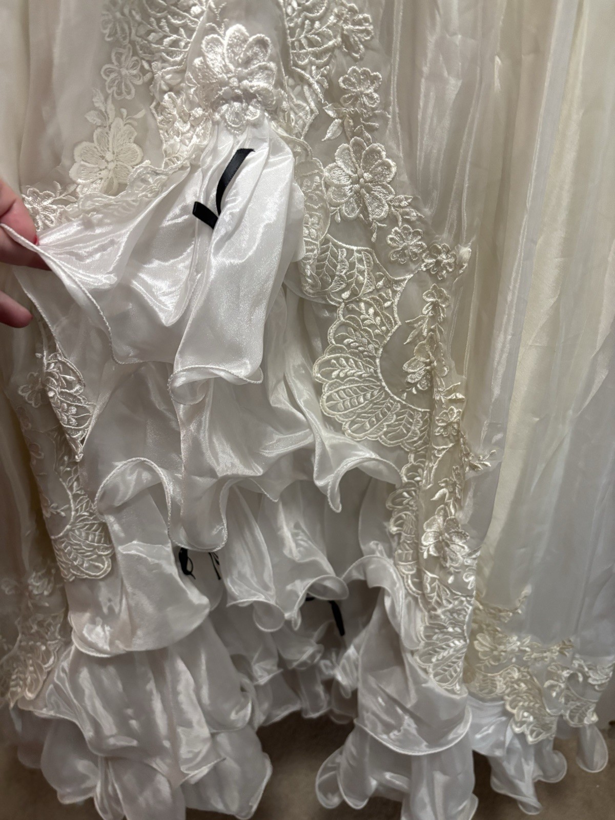 Vintage Size 8 Wedding Gown With Ruffled Sleeves, Tiered Skirt, Black Ribbons