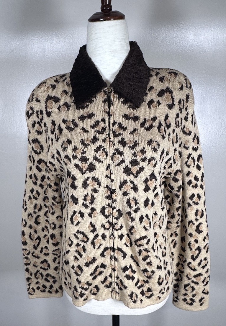 San Remo Vintage 80s Leopard Print Full Zip Faux Fur Plush Collar Cardigan Sz S