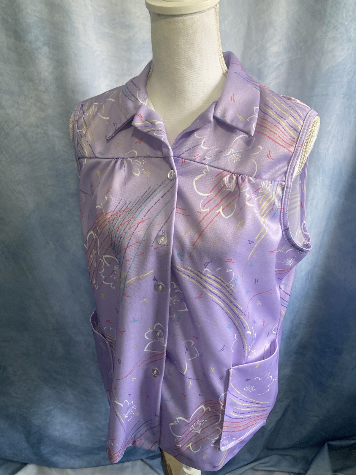 Vintage 70s Purple Abstract Floral Smock Blouse Sleeveless Polyester GUC Size L