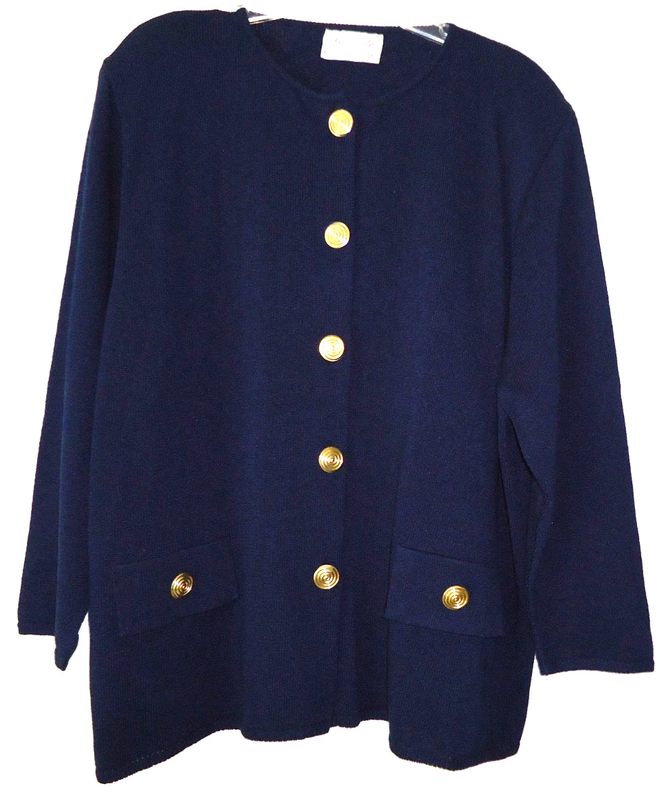 Vtg-80s Danielle by Laura Navy Blue Ladies Acrylic Nylon Cardigan Jacket-3X