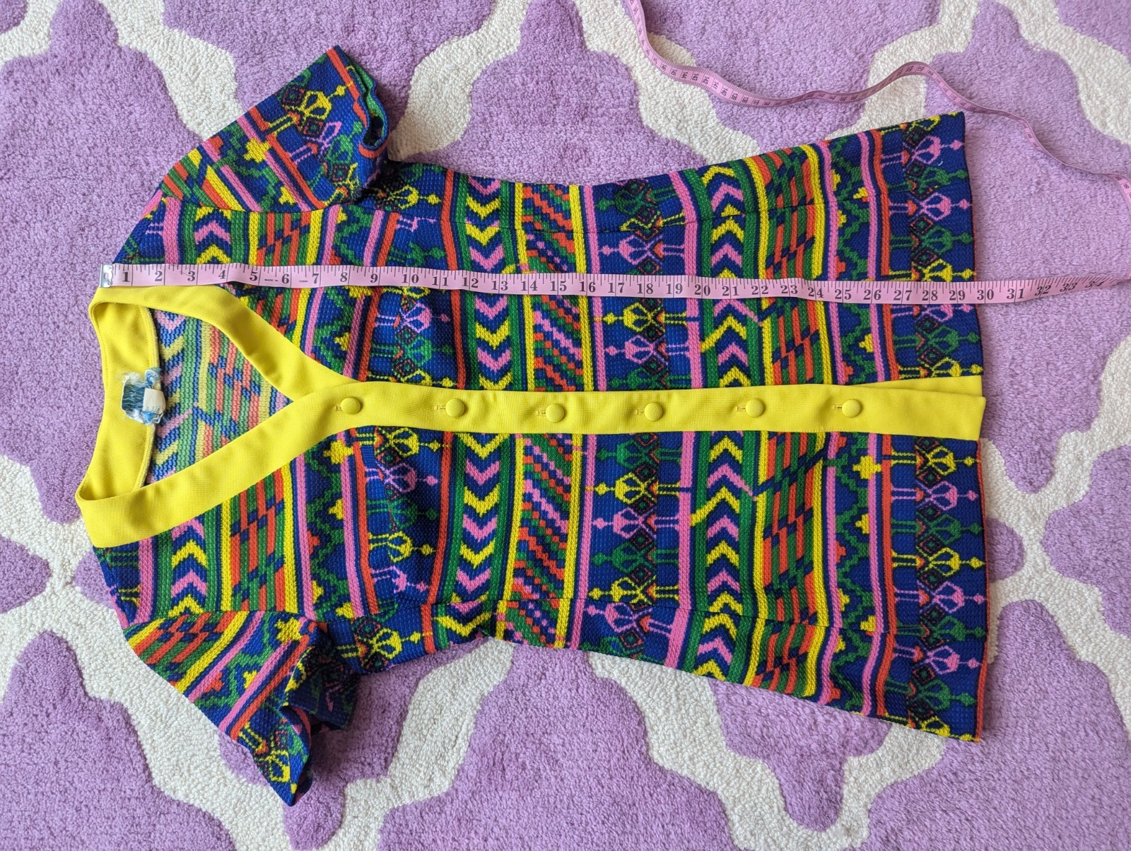Vintage 70’s Hippie Funky Novelty Neon Rainbow Yellow Poly Tunic Top Size S/M