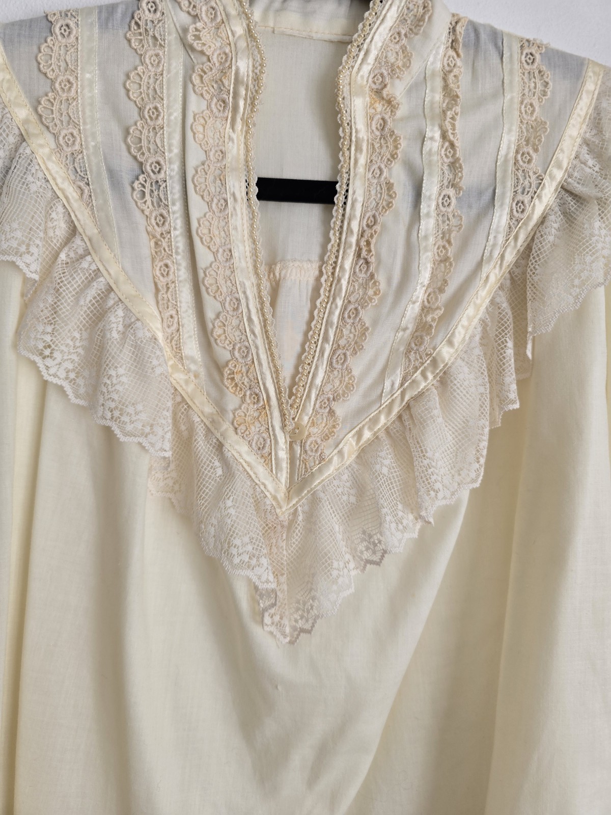 Ivory Lace Victorian Style Long Sleeve Shirt with Lace Trim and Button Cuffs