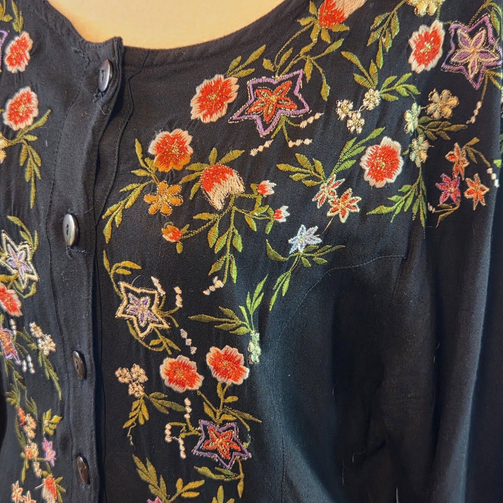 Vintage 90s Passports Pier 1 Imports Cottagecore Embroidered Dress Black Medium