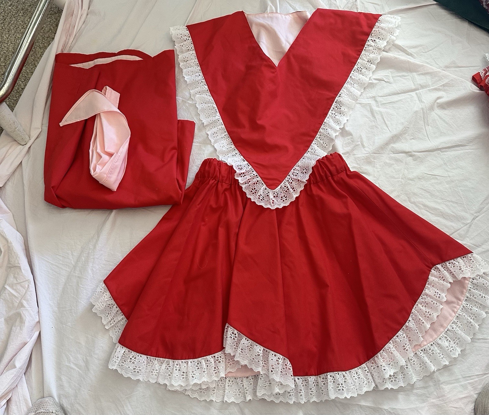 Vintage 4 pcs Red Lace Square Dance Outfit Skirt Vest Male Partners Tie