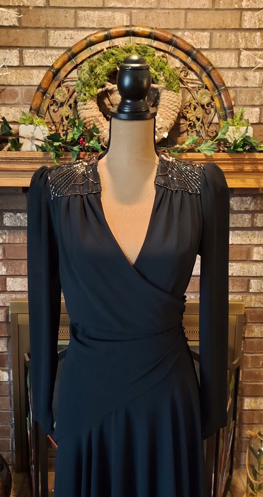 Vintage Casadei Black Beaded Ruched Asymmetrical Hem Wrap Cocktail Party Dress 6