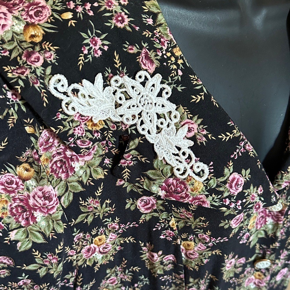 Black Floral Maxi Dress with White Lace Accents, Vintage Sarah Richards Plus 20