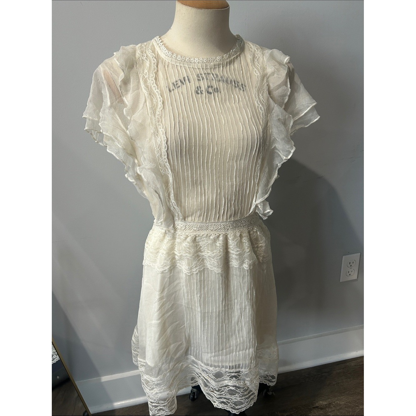 Vintage Ivory Sheer Lace Pleated Ruffled Dress