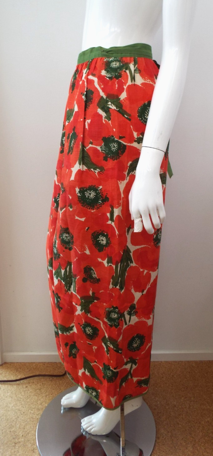 VTG Vera Neumann Cotten Linen Hostess Wrap Skirt PERFECT Poppy Red Green Floral