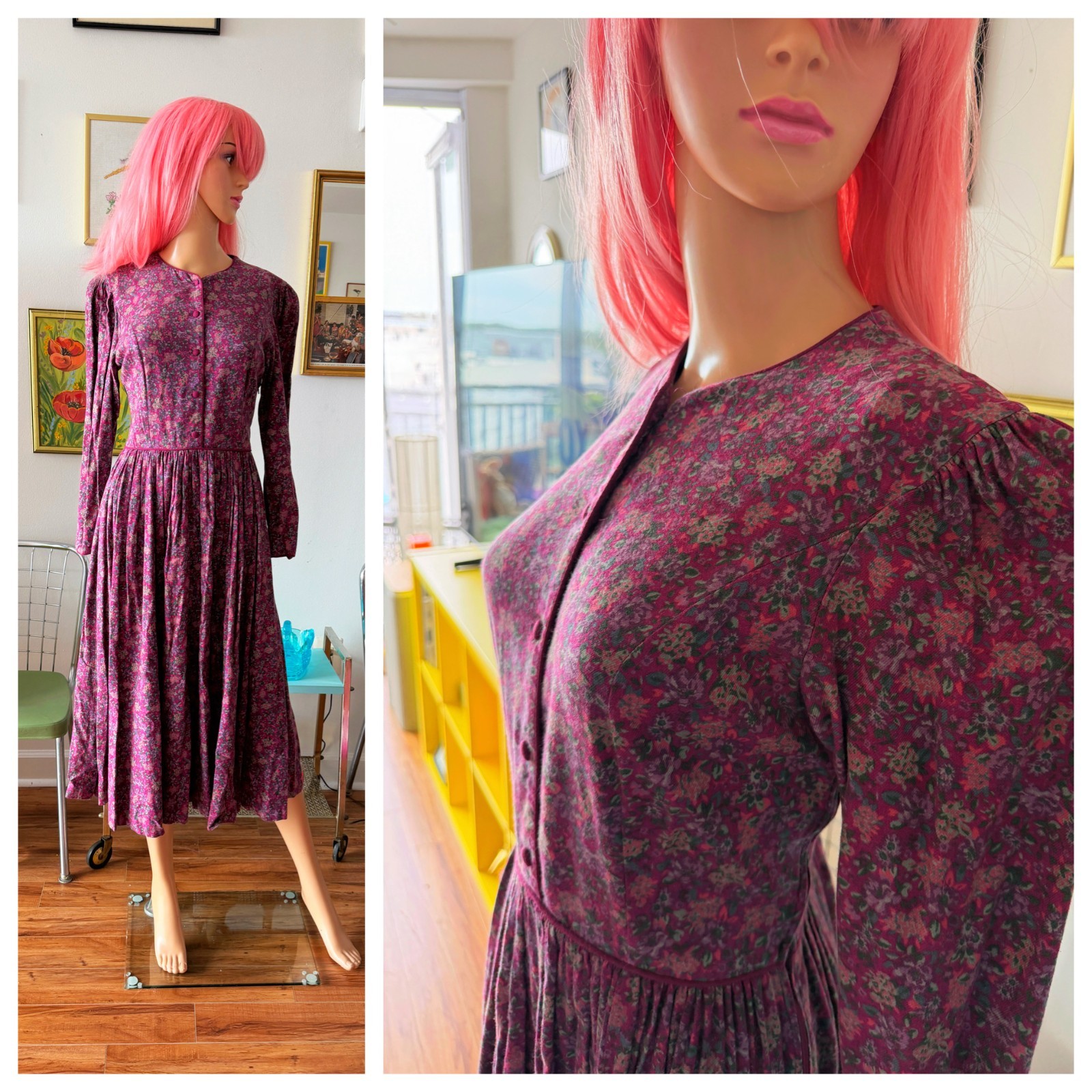 🧵 Vtg 80s Laura Ashley Puff Sleeve Rose Garden Prairie Cottagecore Dress M