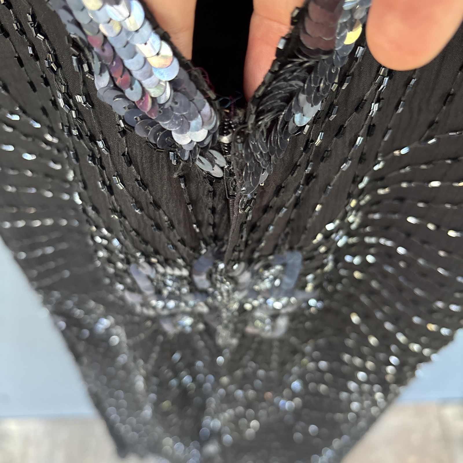 Vintage John Charles London Evening Gown Dress, Black Beaded Sequins, Size US-6