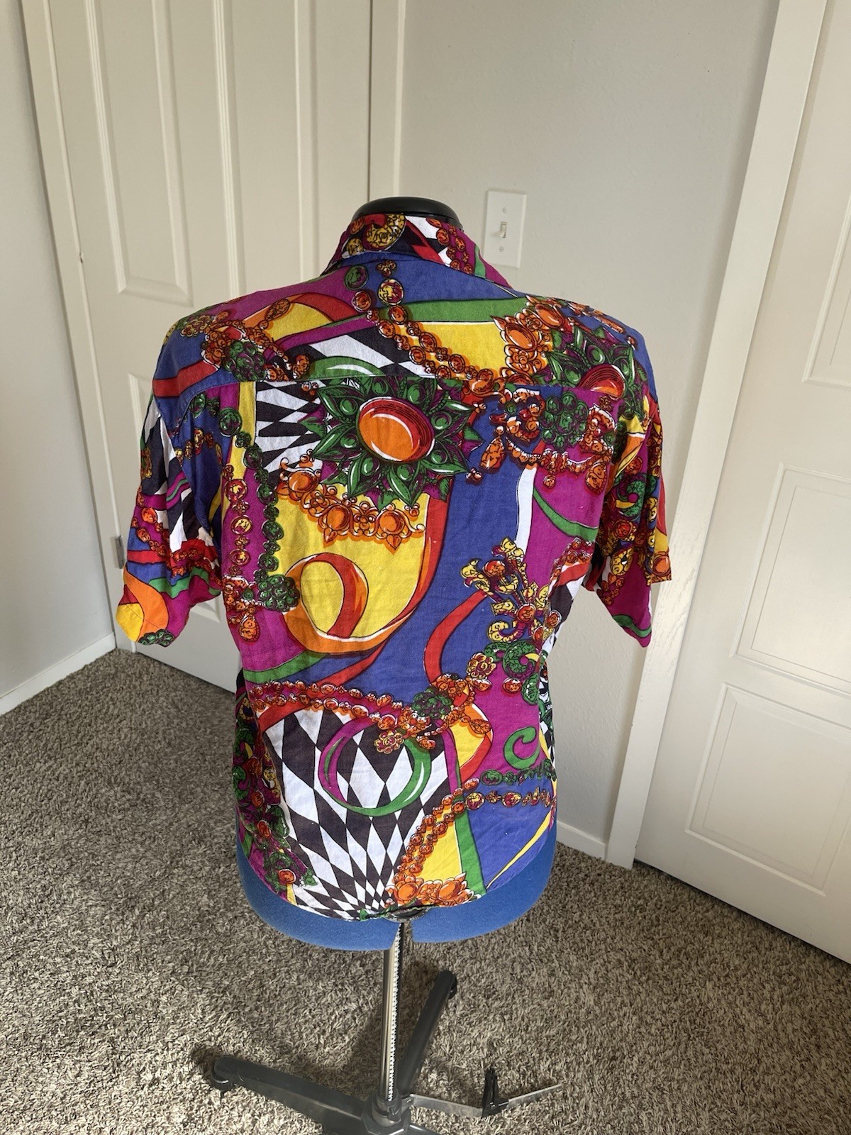1980s Jane Ashley Sz Medium Multicolor SS Button Up w Beading, Checkers, Jewels