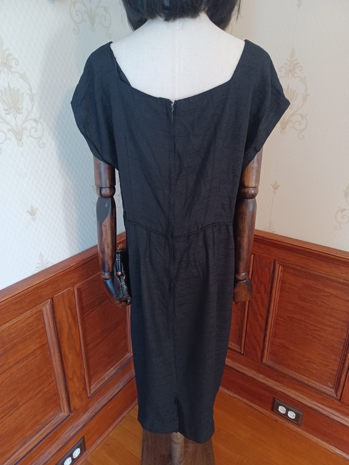 Vintage Mid-century Slubbed Black Cotton Little Black Cocktail Dress, size XL