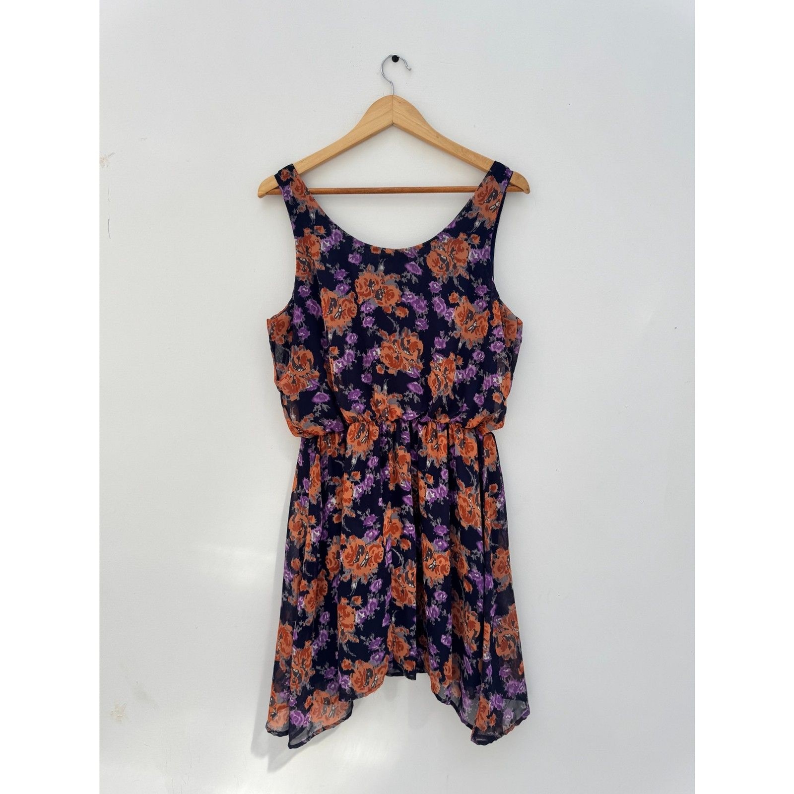 Vintage dELiA*s Navy Floral Chiffon Sundress Purple Orange Roses Size XL