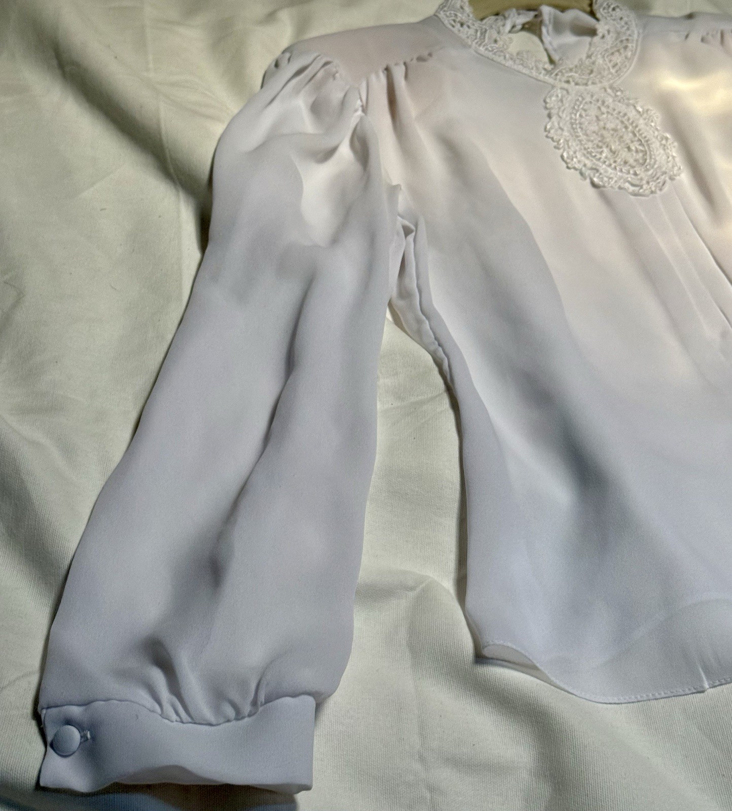 Vtg 1980 Sheer Ivory Blouse Lace Collar/Bib Front Victorian Revival Puff Sleeve