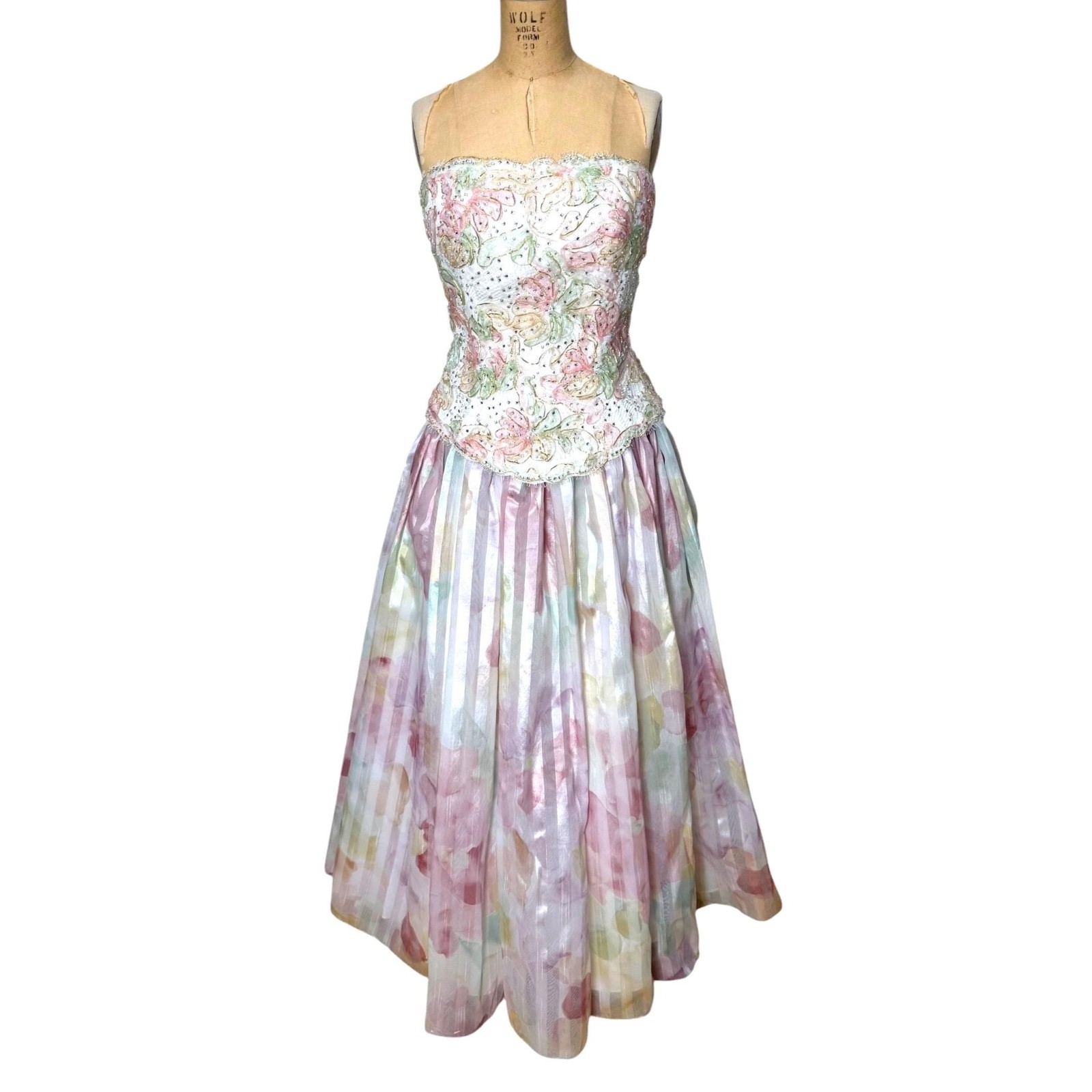 Vintage 80s Rose Taft Couture Fashions gown pastel beaded strapless with bolero