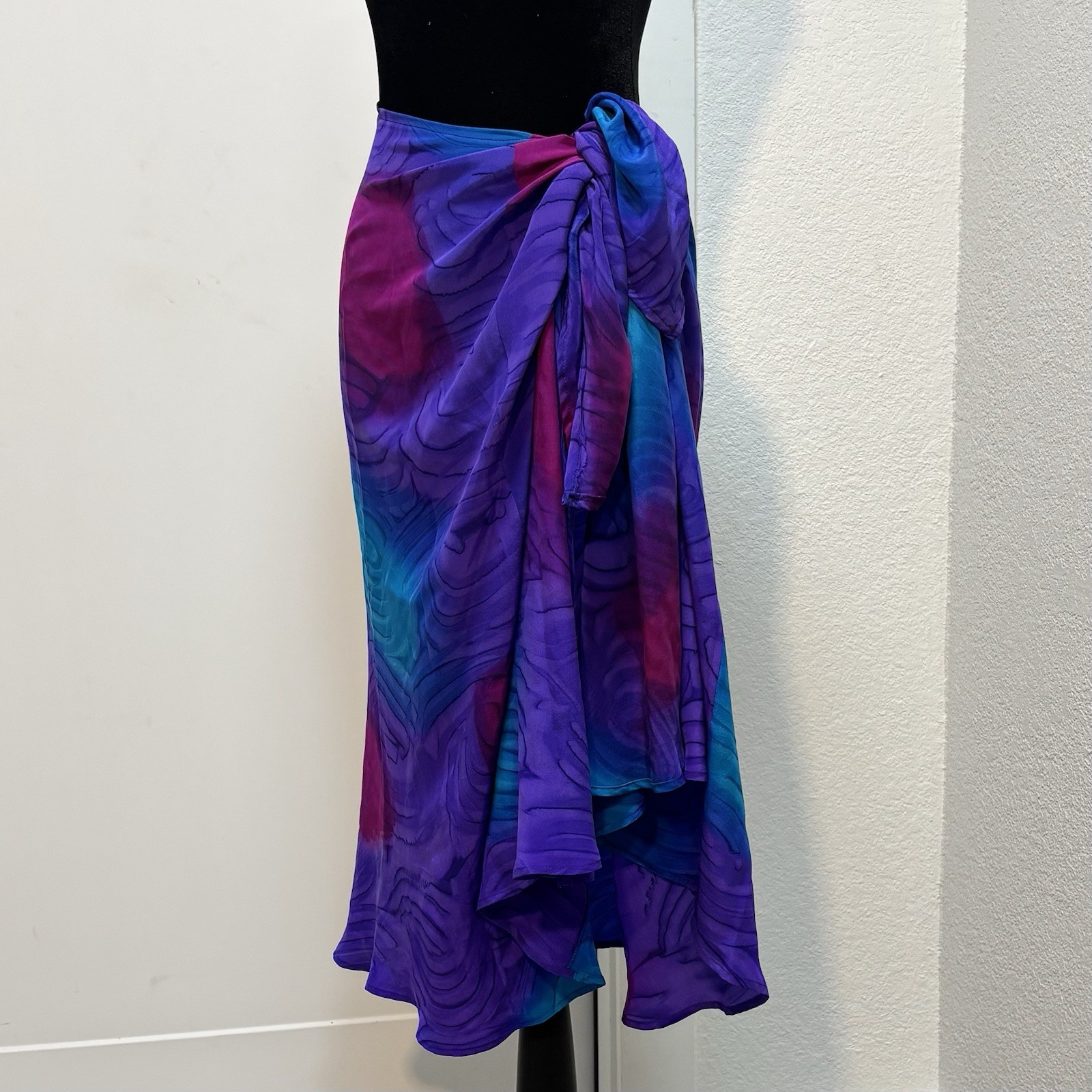 VTG Silk Jacquard Sarong Wrap Coverup Skirt Purple Blue Avant Garde Whimsigoth