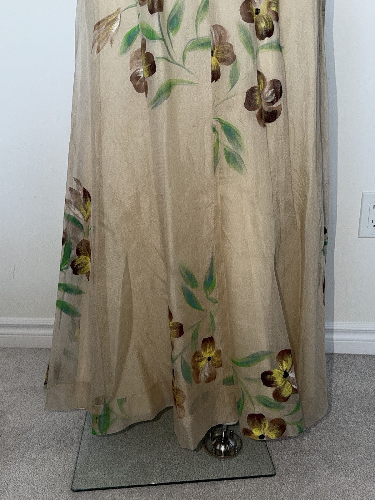 Vintage 1930s Hand Painted Cream Elegant Silk Chiffon Organza Garden Party Gown