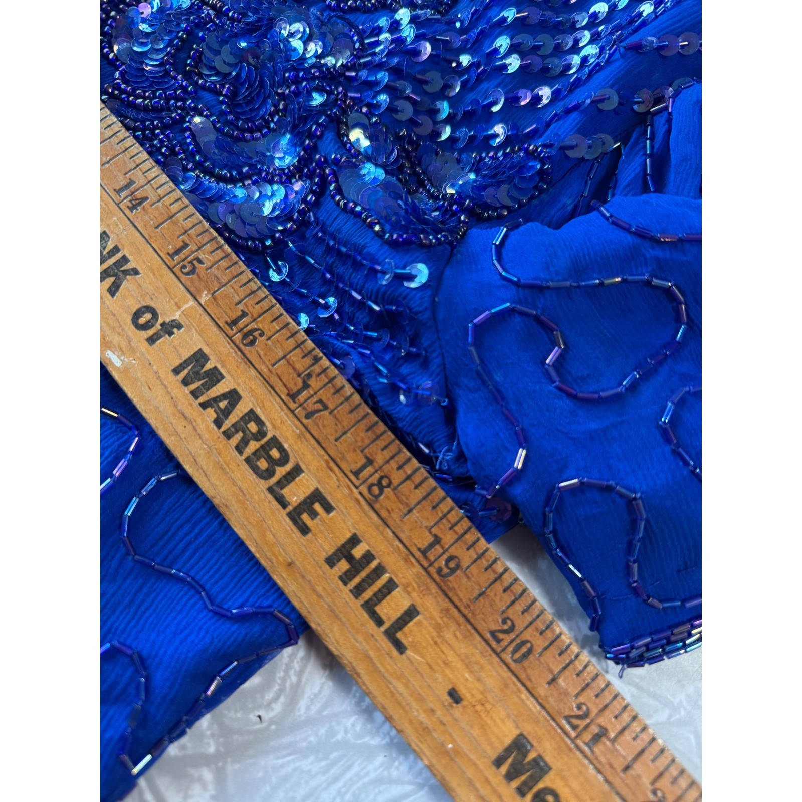 Sweelo Vintage Silk Beaded Sequin Dress Royal Blue Floral Cocktail L 10-12 Glam