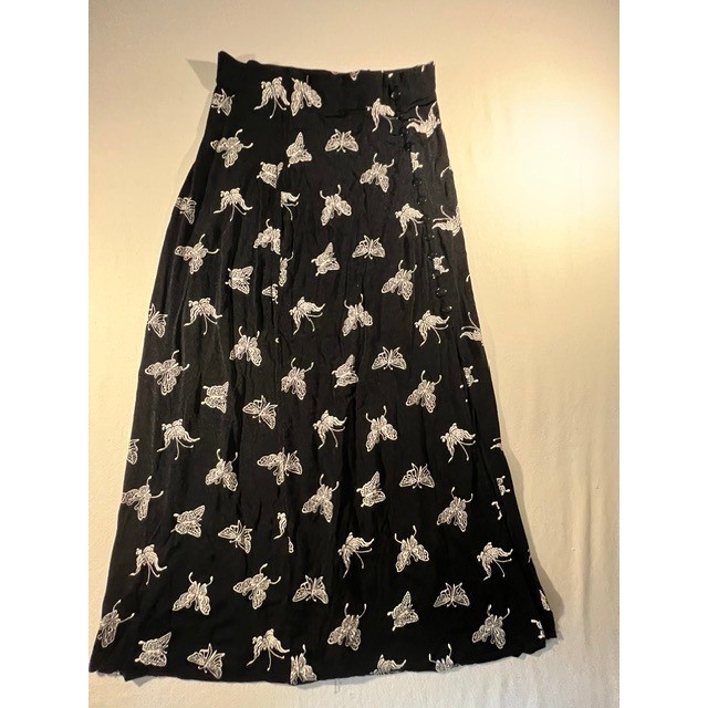 Vintage 90s ES-SE Butterfly Print Slinky Maxi Skirt Black & White Size 6