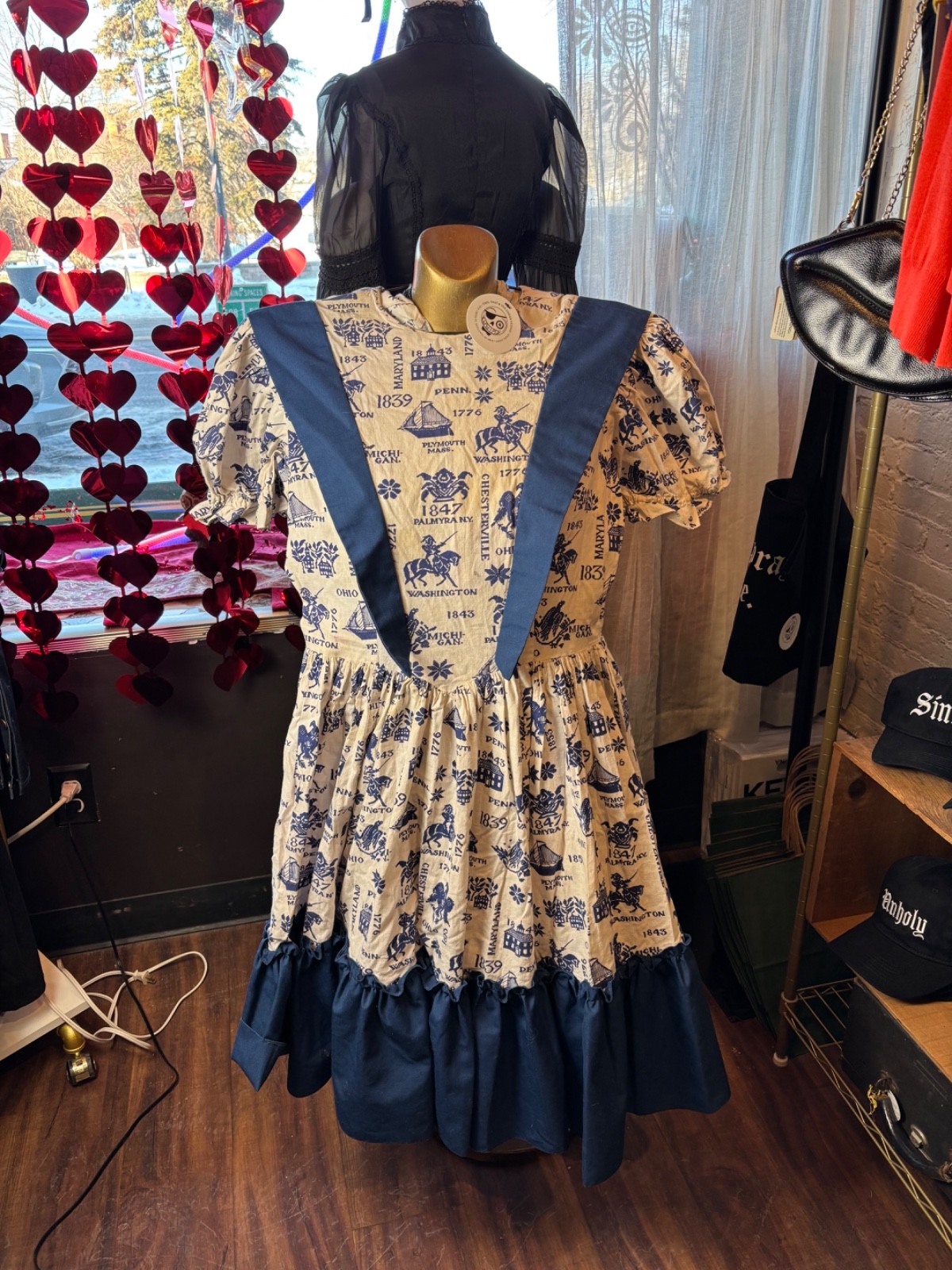 Vintage Blue and White Colonial Print Square Dancing Dress
