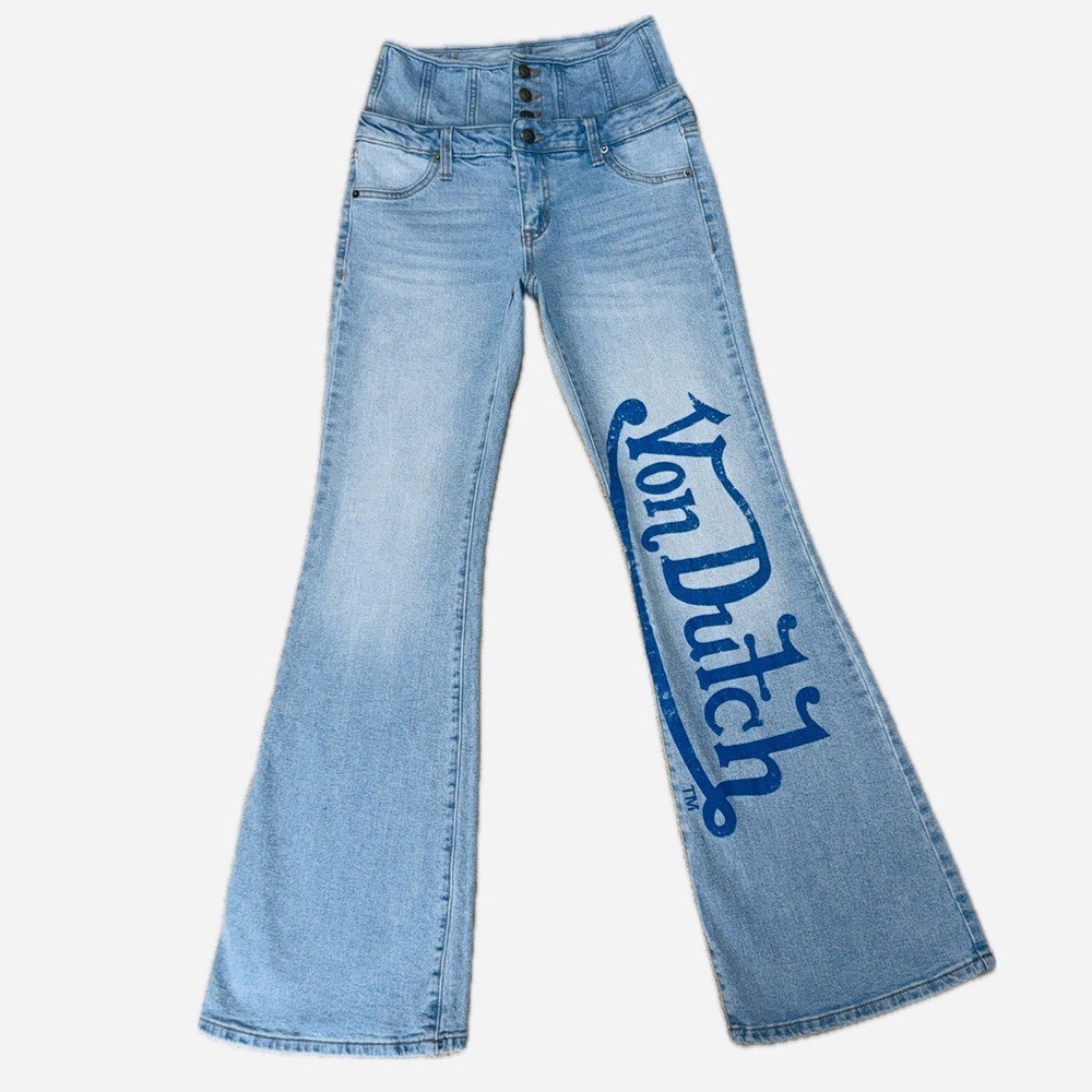 👖🛹 VON DUTCH Originals Flare Jeans Light Wash Logo Leg Y2K Sz 5/