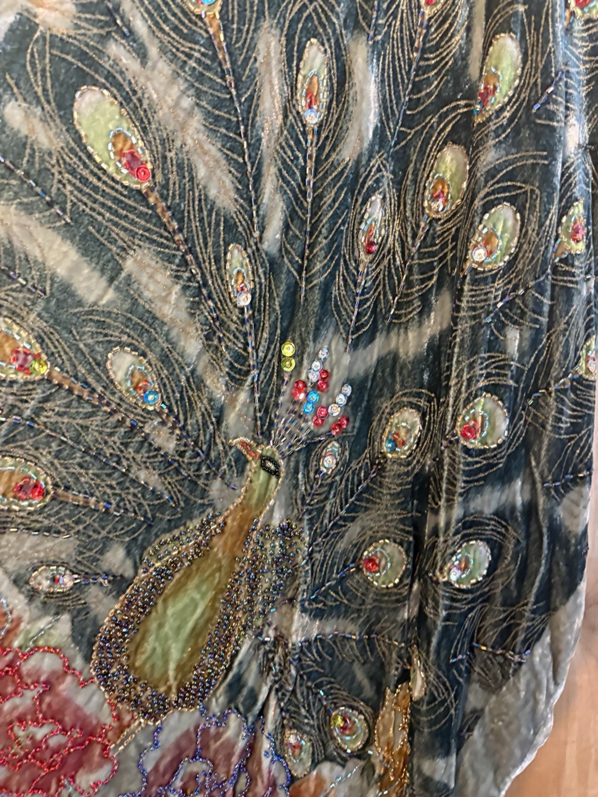 Kimono Duster Jacket Peacock Floral Velvet Beaded Burnout Coverup OS L/XL/1X/2X