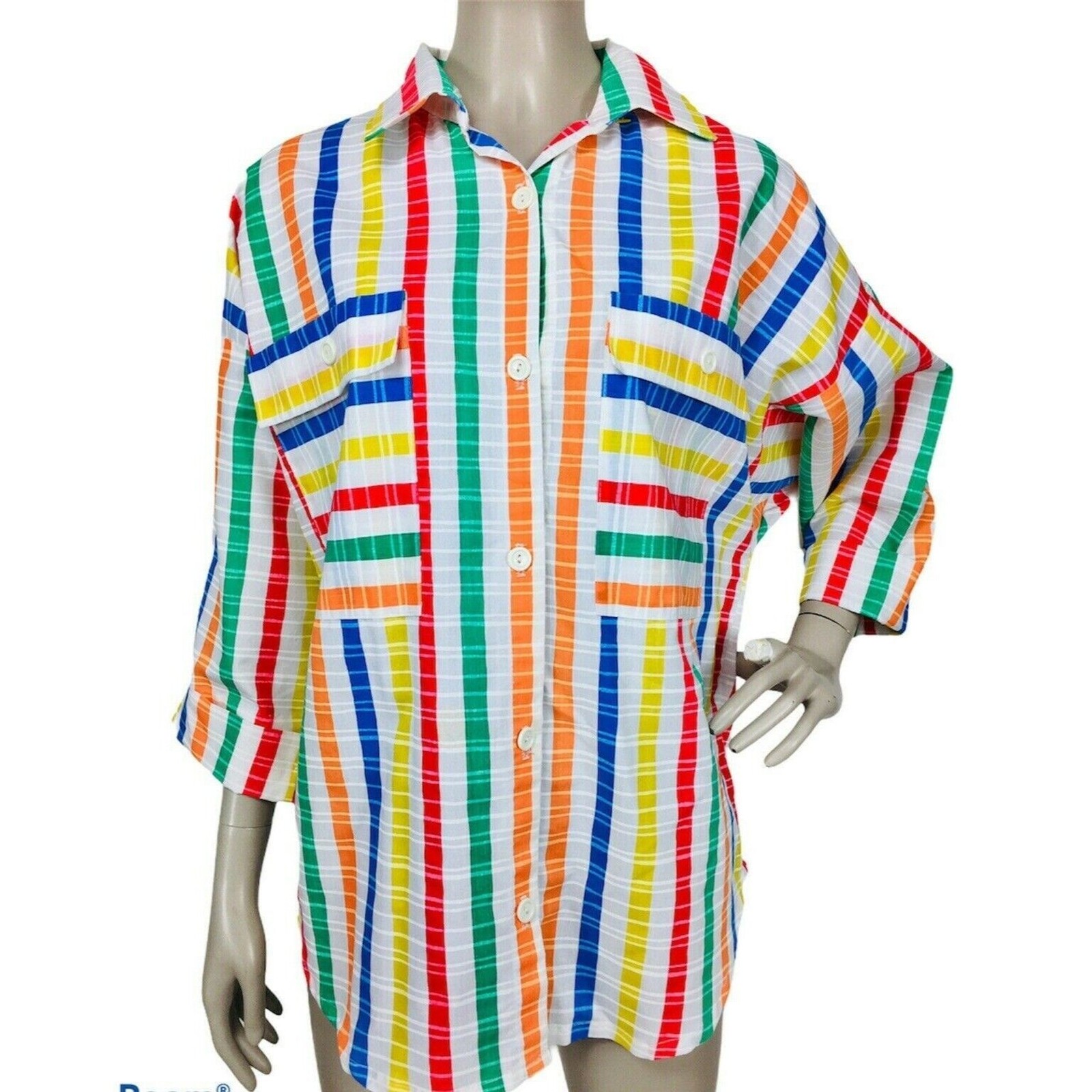 Vintage 60s 70s Jon Woods Rainbow Striped Collared Button-Down Shirt Medium