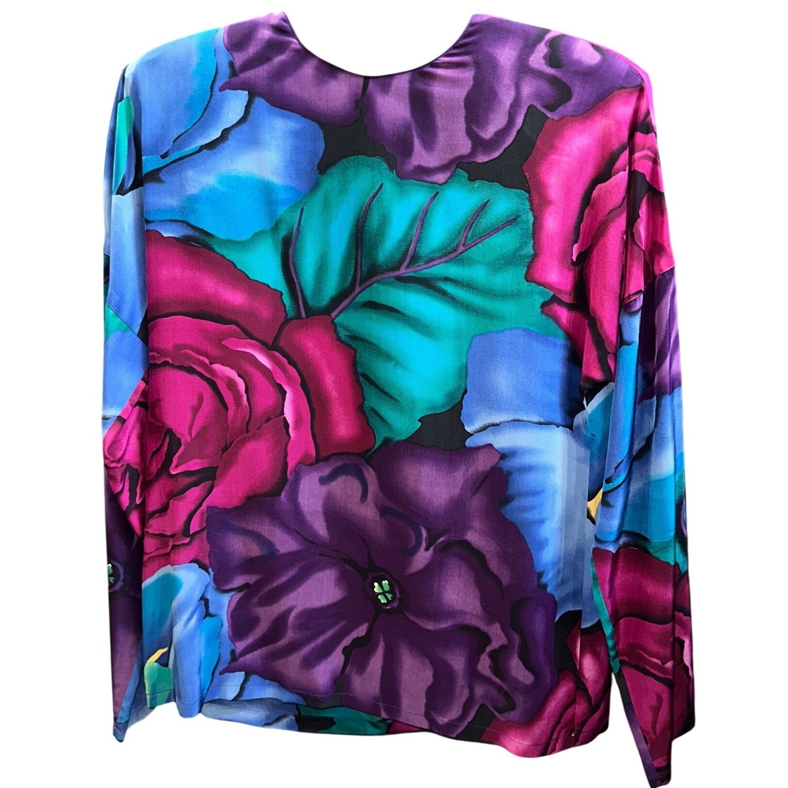 Vintage 80s Silk Oversized Floral Power Blouse Purple Magenta Vintage Medium