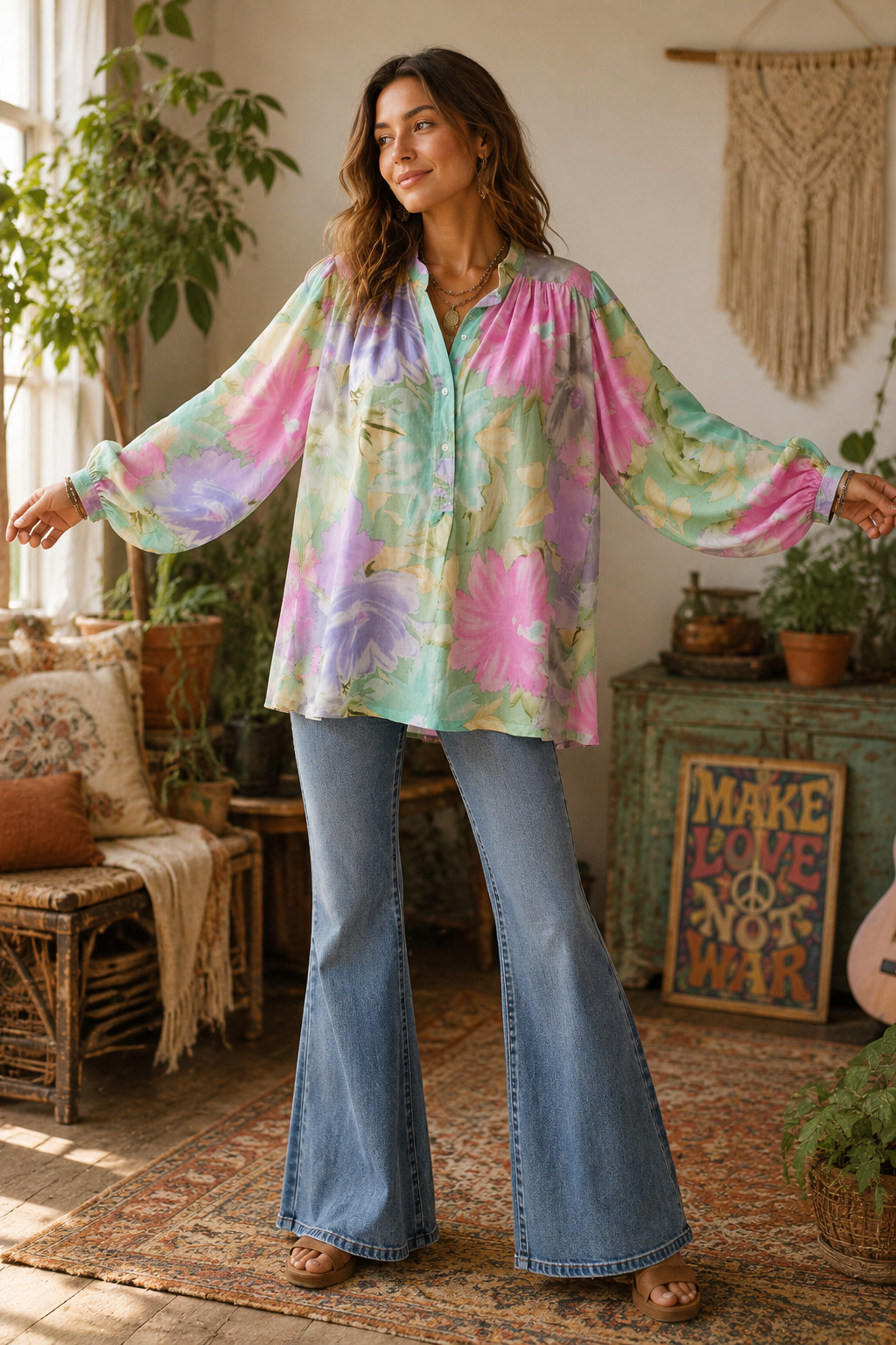 Vintage 70s 80s PHOOL Top Shirt Blouse Watercolor Floral Pastel Boho Oversized S