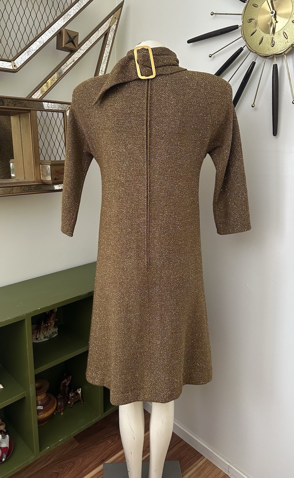 Vintage Brown And Glitter Gold Knit Sweater Dress By Pauline Trigere