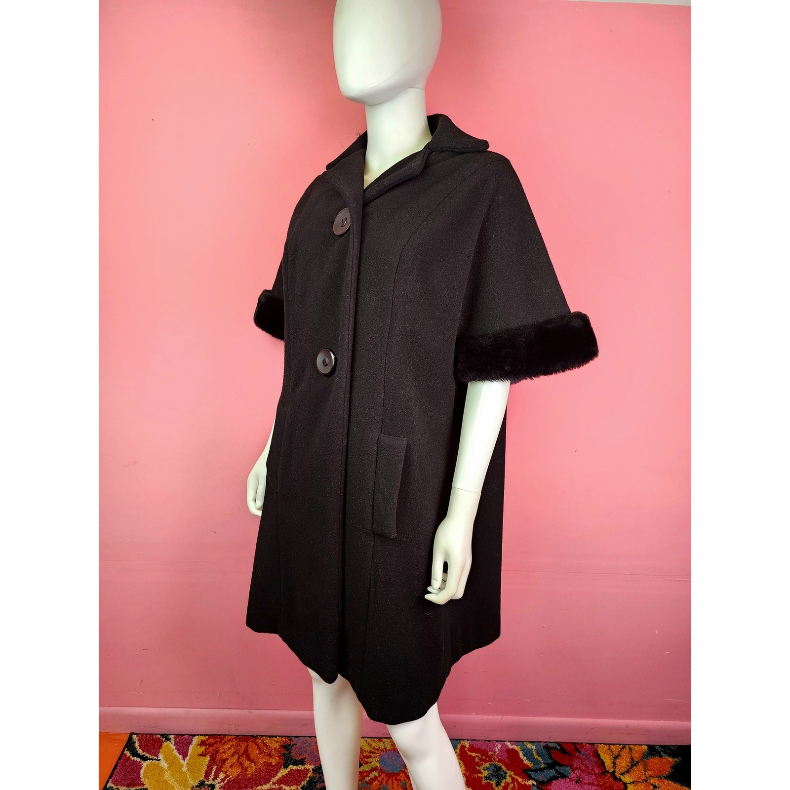 Vintage 1950’s to 1960’s Black Wool and Faux Fur Swing Coat Half Sleeve