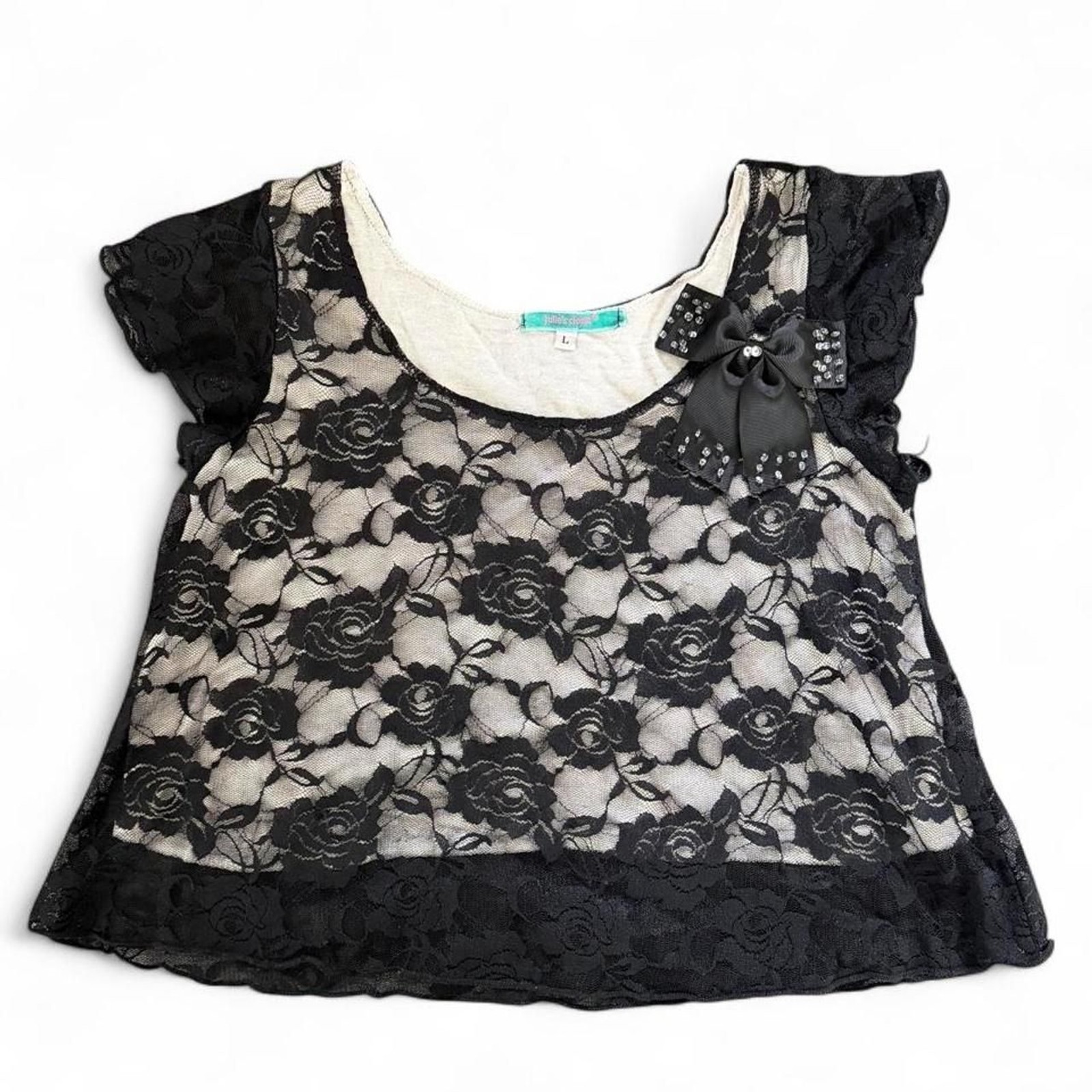Black Lace Blouse with Rhinestone Bow Size L