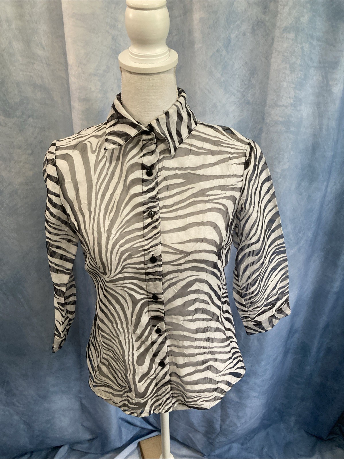 Vtg 90s Y2K Notations Petite Small Sheer Zebra Shirt Linen Rayon Blend Grunge