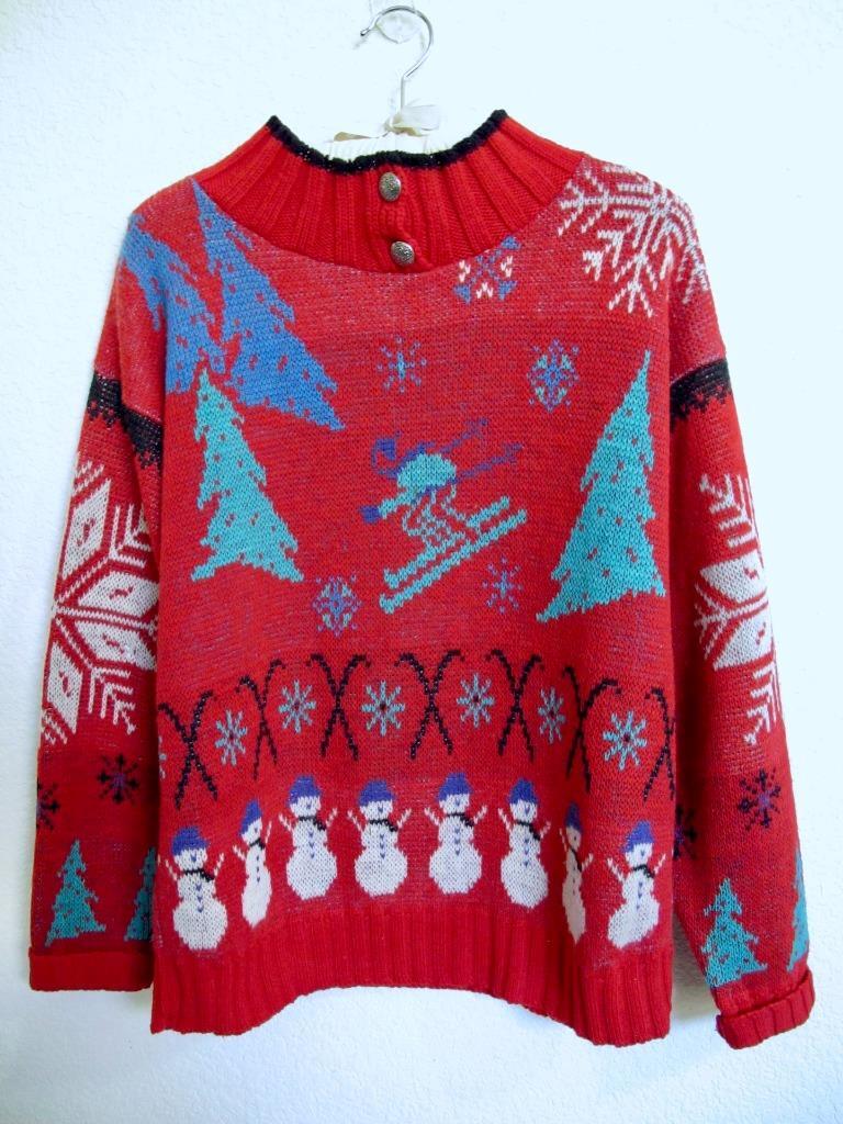 Vintage Wool Christmas Ski Sweater M Alps Merrimac Valley Red Snowmen Snowflakes