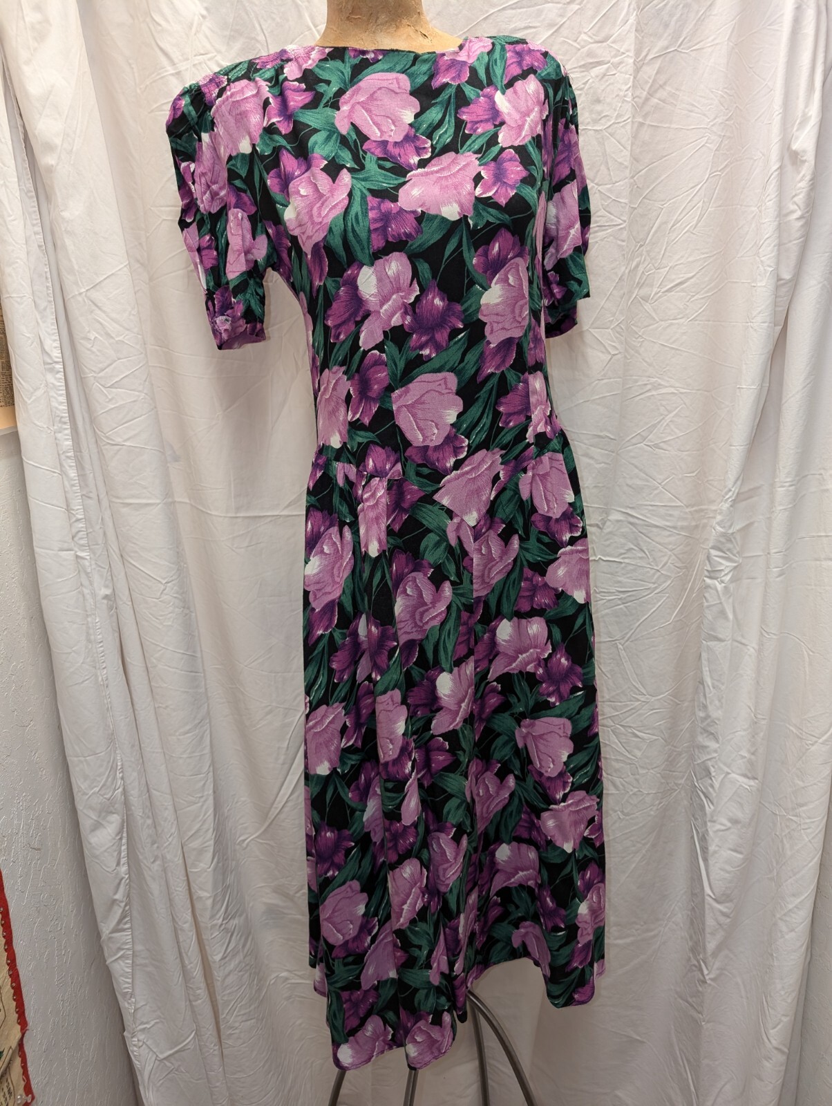 1980’s Black Purple Green White Rayon Dress by Country Romance Size 7/8
