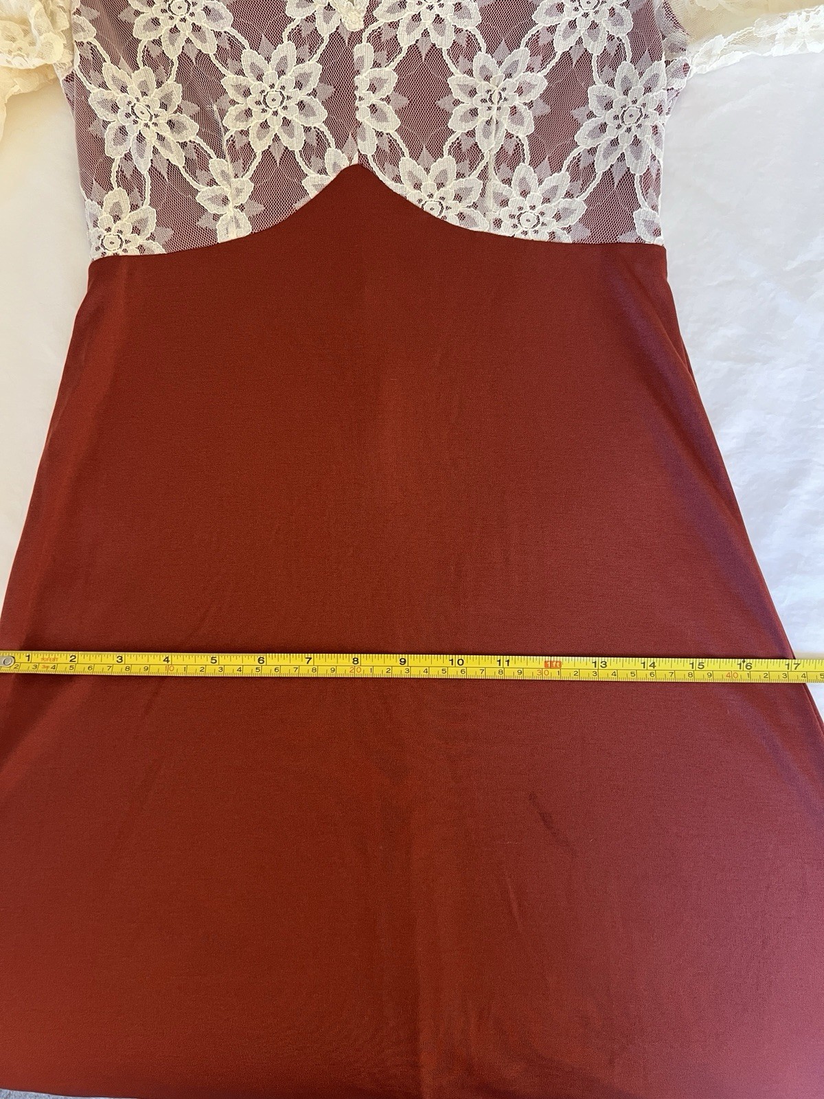 Handmade Vintage Dress 70s Cream Lace Rust Burgundy Gown Maxi Long Sleeve S/M