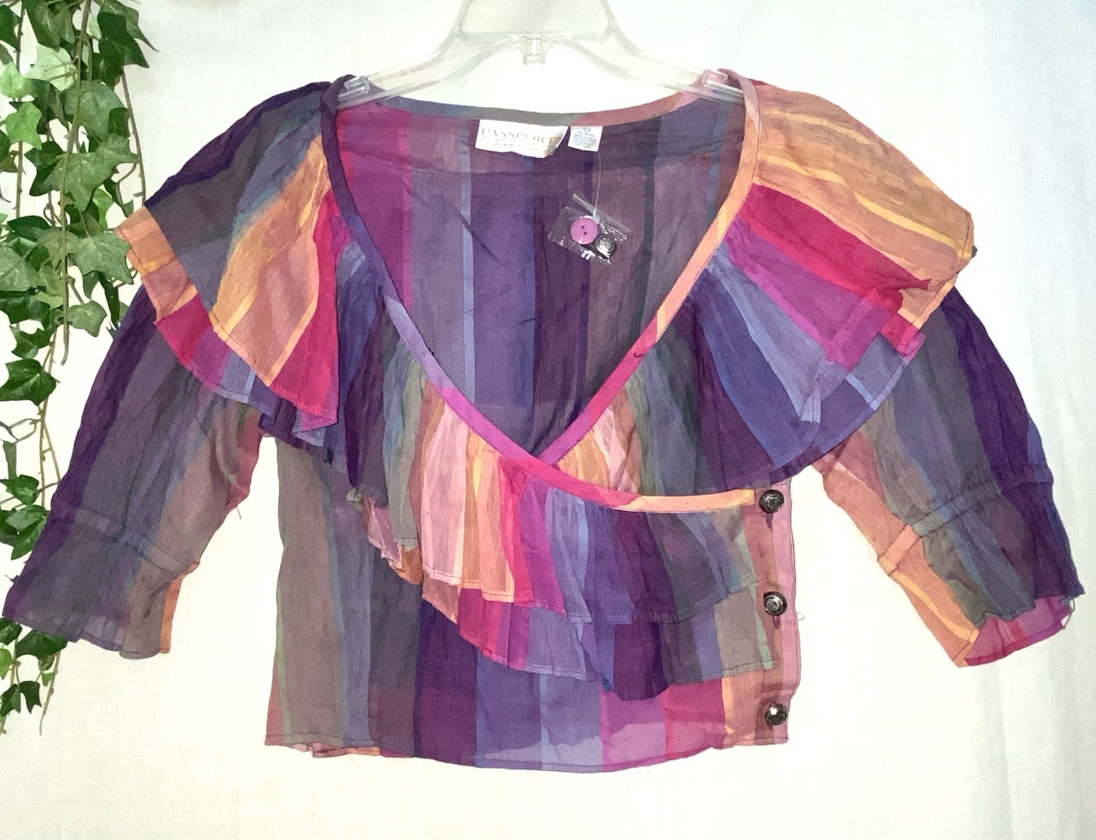 New! VTG Passports Colorful Stripe Ruffled India Cotton Top Peasant Boho L