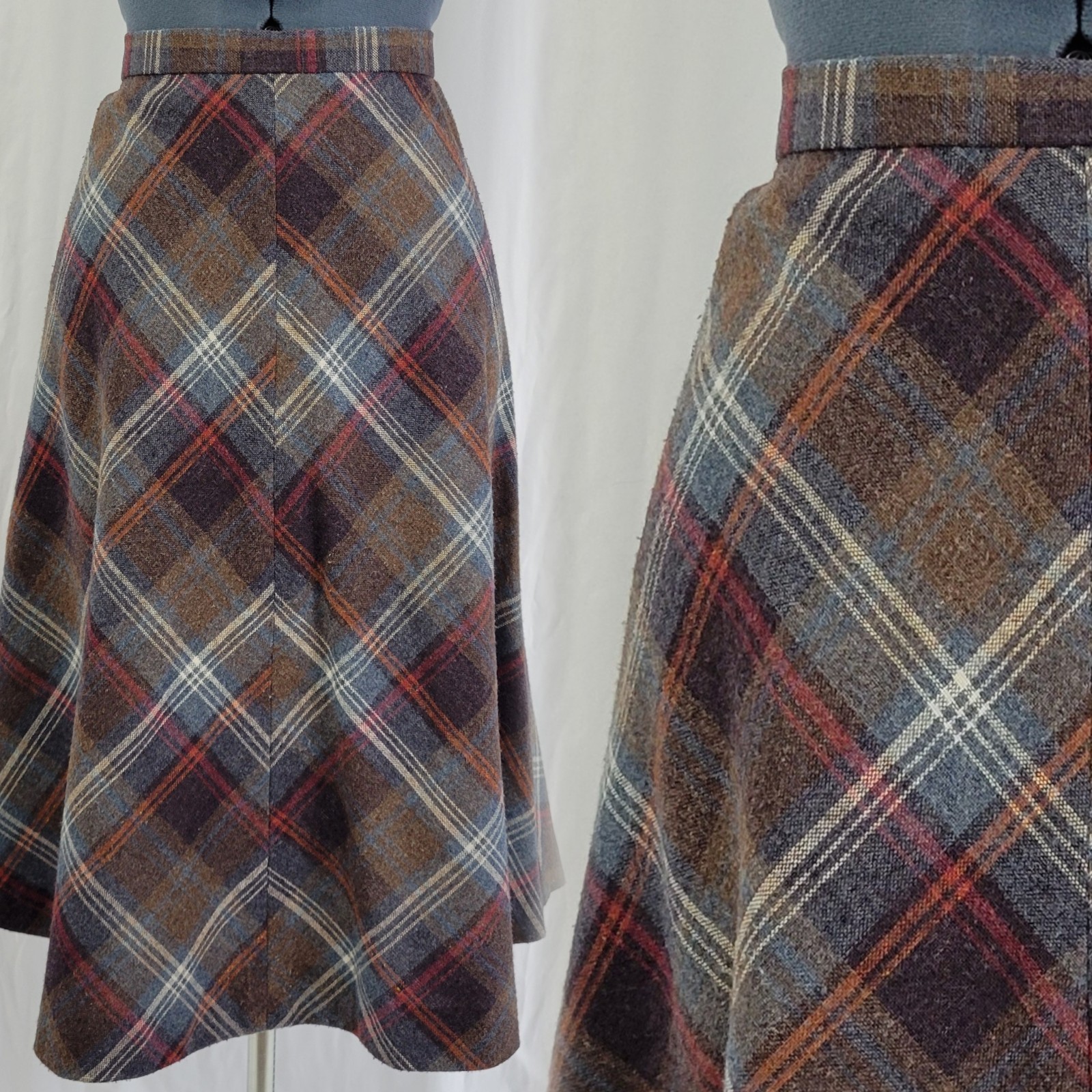 Vtg Quarter Circle Wool Skirt on the Bias in Brown/Blue/Red/Orange Plaid Size XS