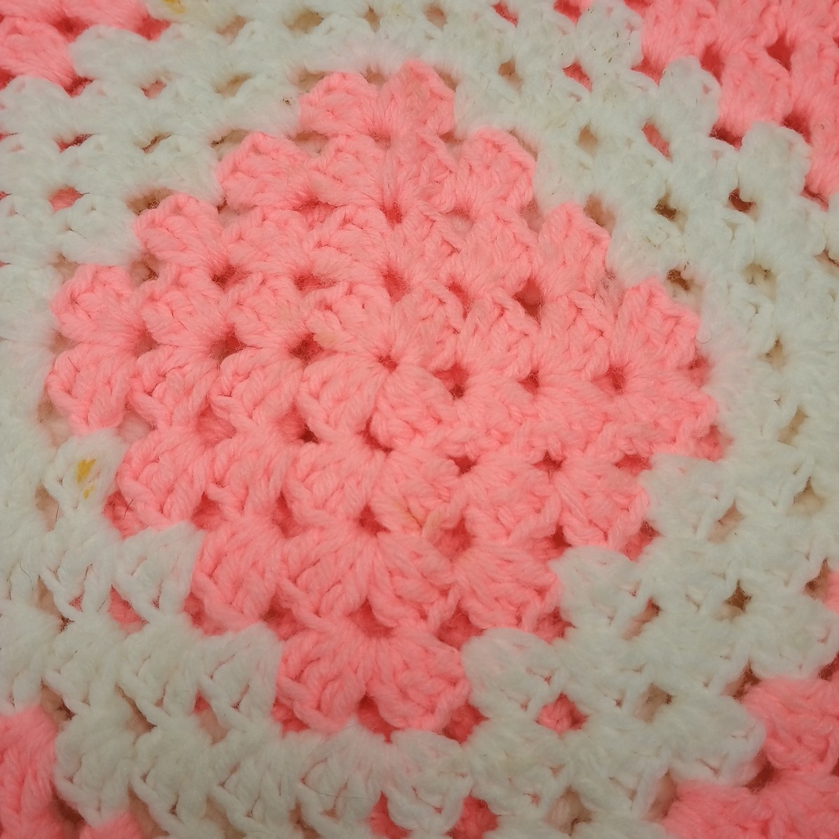 Hand Knit Granny Square Shawl, Cape, Wrap With Fringe Small Pink White Vintage